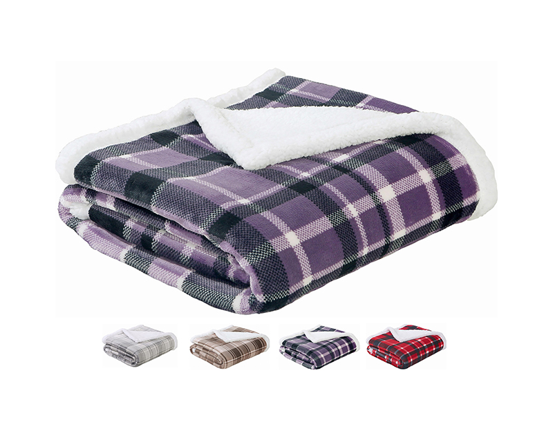 SEDONA HOUSE Sherpa to Flannel Throw Blanket Purple Plaid Twin Size 60"x80"